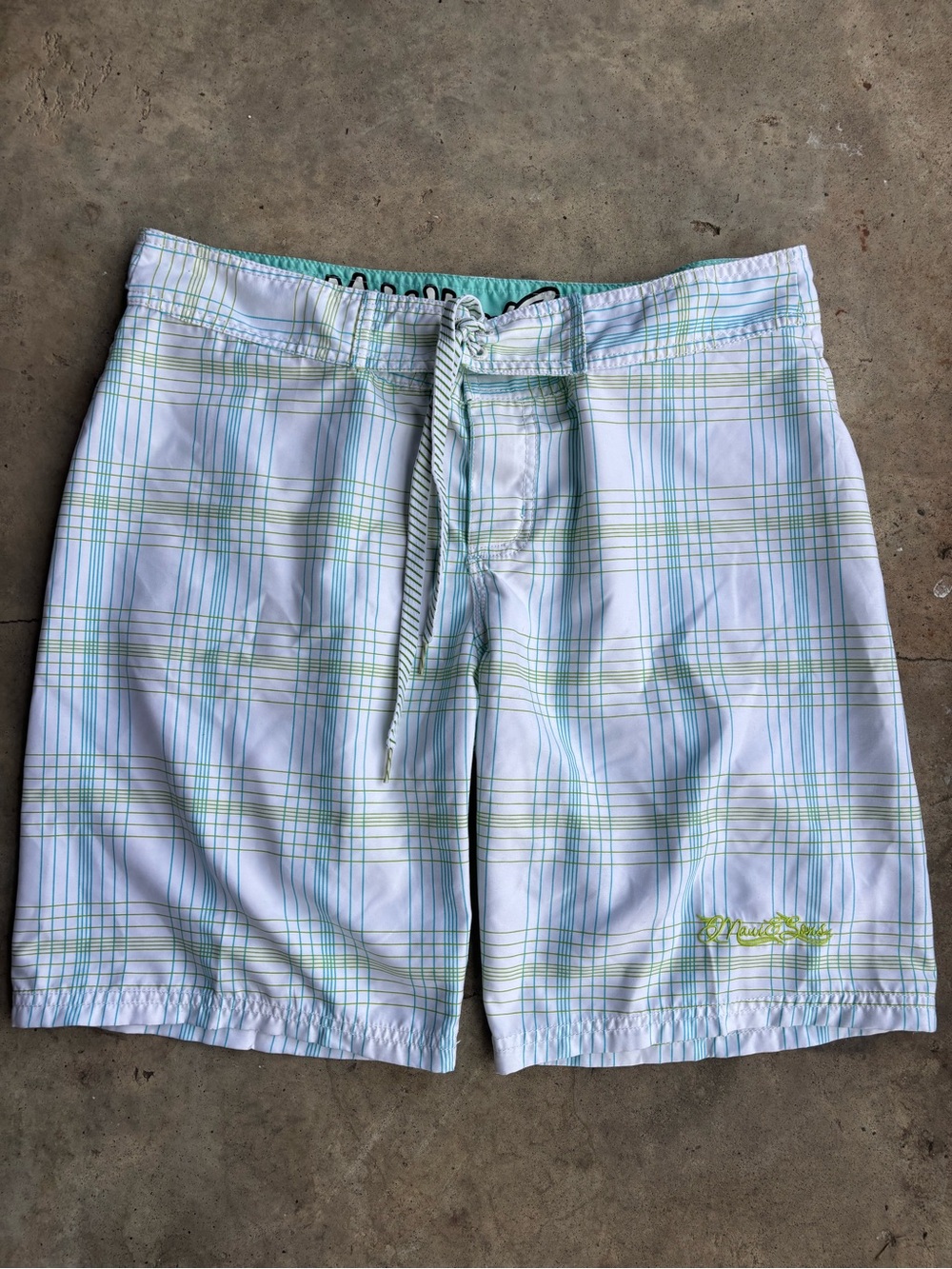 Maui and Sons White Plaid Swim Board Shorts with Light Green Accents